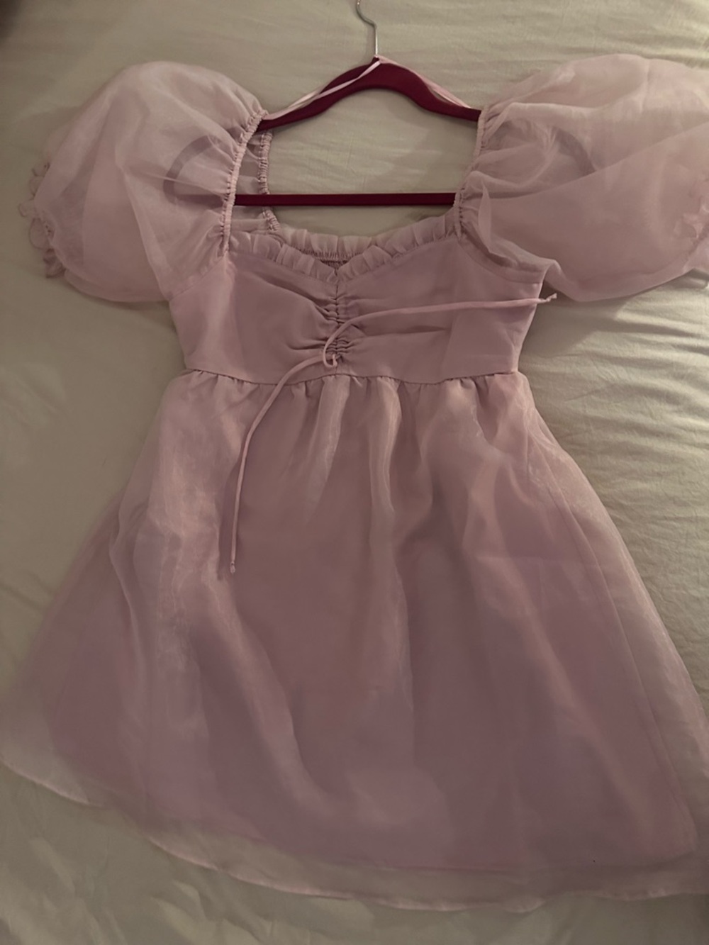 Lilac Puff-Sleeve Mini Dress with Drawstring Waist